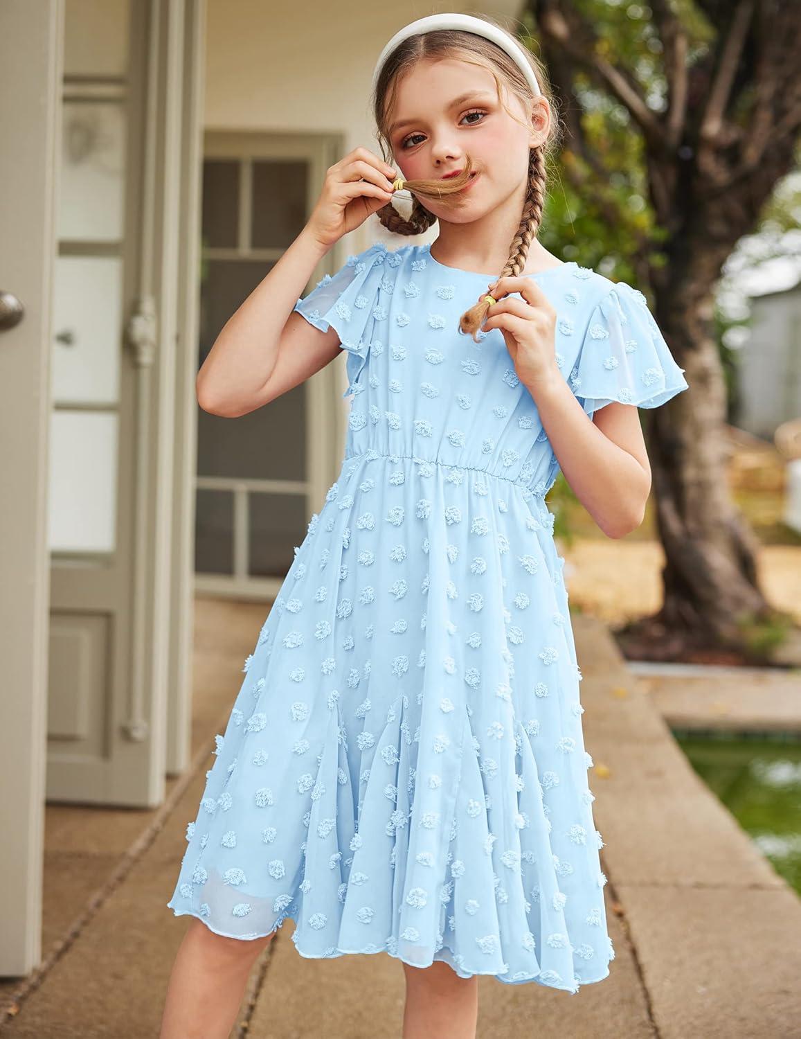 image:imageArshiner Girls Girly Dress Swiss Dot Ruffle Short Sleeve Twirly Cute Dresses for 512 Years OldLight Blue