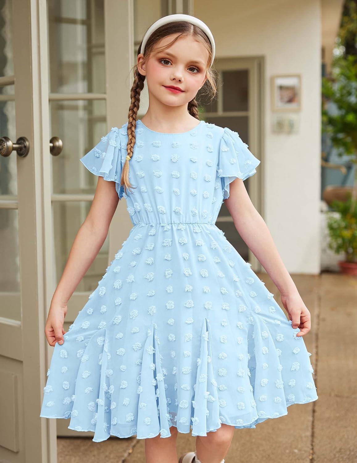 image:imageArshiner Girls Girly Dress Swiss Dot Ruffle Short Sleeve Twirly Cute Dresses for 512 Years OldLight Blue