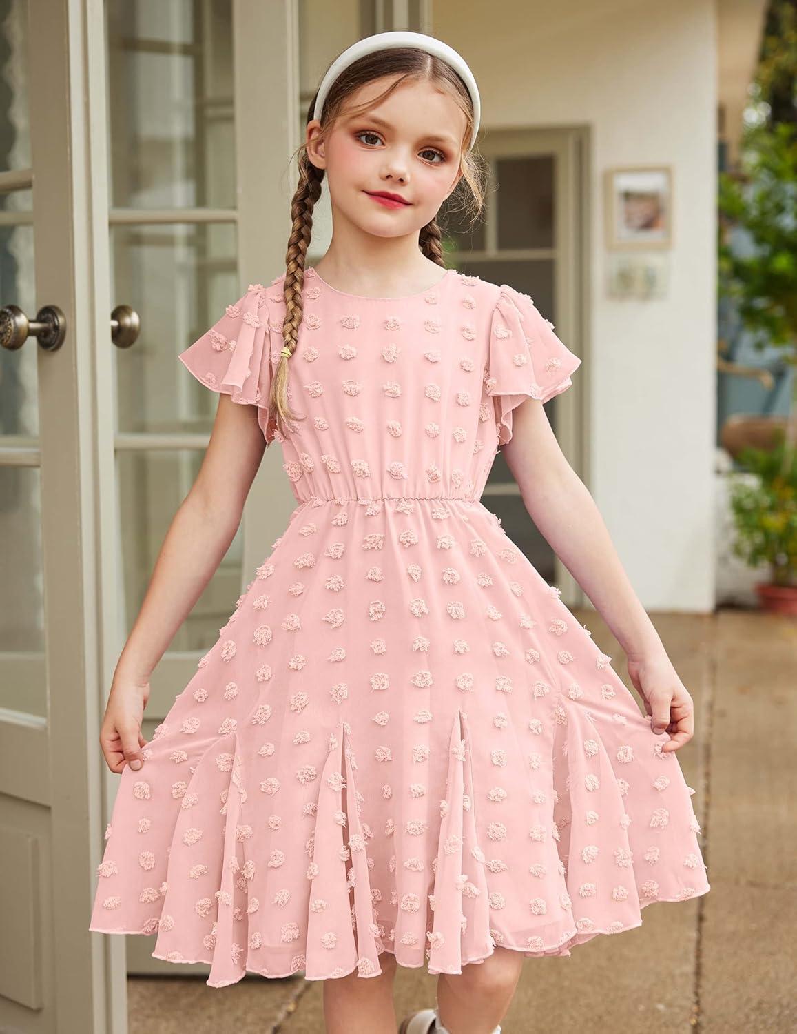 image:imageArshiner Girls Girly Dress Swiss Dot Ruffle Short Sleeve Twirly Cute Dresses for 512 Years OldLight Pink