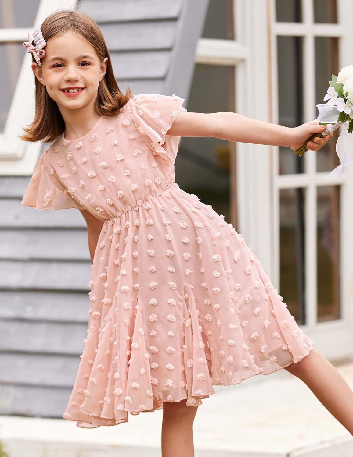 image:imageArshiner Girls Girly Dress Swiss Dot Ruffle Short Sleeve Twirly Cute Dresses for 512 Years OldLight Pink