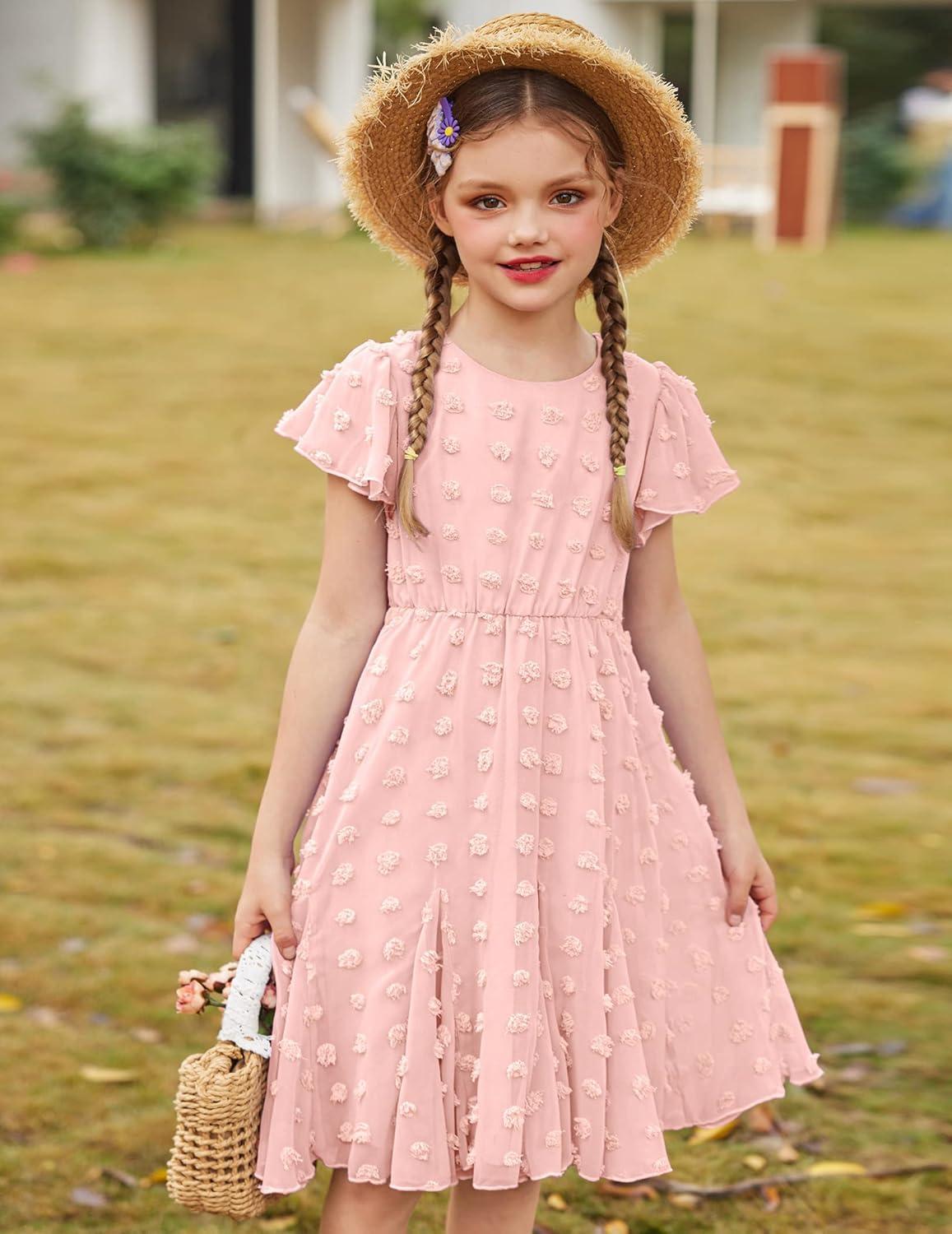 image:imageArshiner Girls Girly Dress Swiss Dot Ruffle Short Sleeve Twirly Cute Dresses for 512 Years OldLight Pink