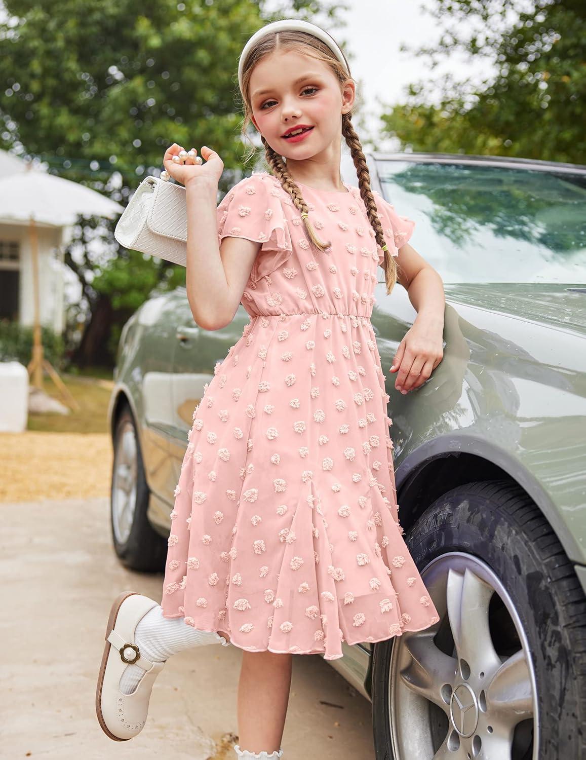 image:imageArshiner Girls Girly Dress Swiss Dot Ruffle Short Sleeve Twirly Cute Dresses for 512 Years OldLight Pink
