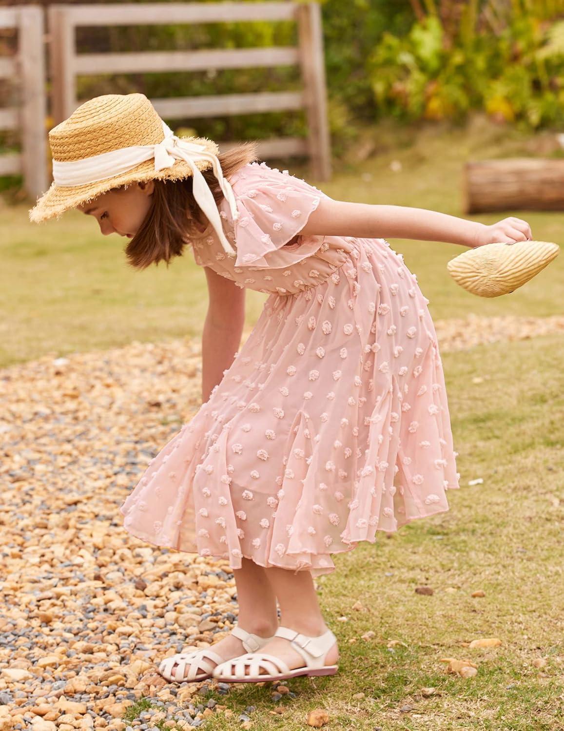 image:imageArshiner Girls Girly Dress Swiss Dot Ruffle Short Sleeve Twirly Cute Dresses for 512 Years OldLight Pink