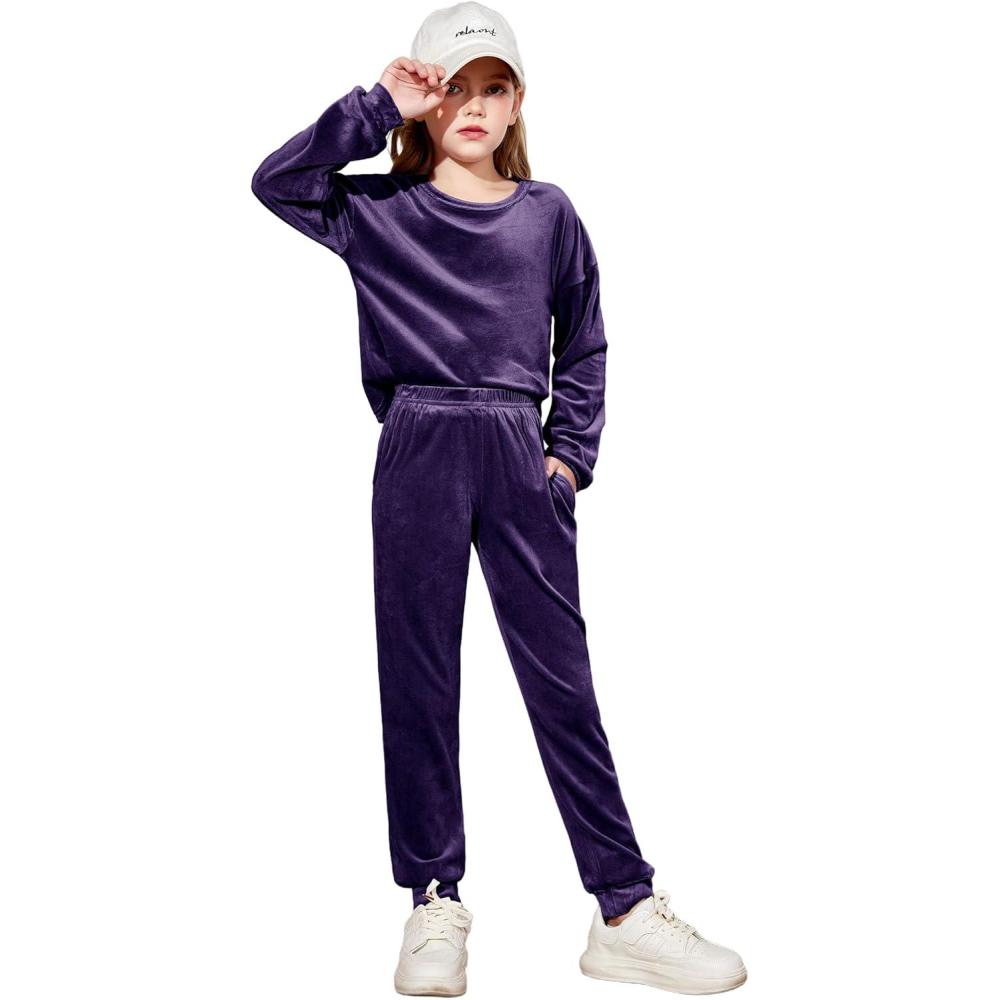 image:imageArshiner Girls 2 Piece Outfit Sweatsuits Set Kids Velour Sweatshirts amp Sweatpants Tracksuits Set for GirlsDark Purple