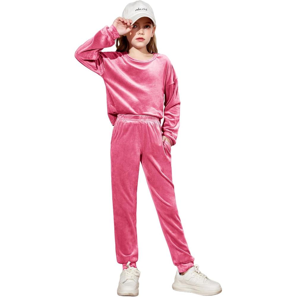 image:imageArshiner Girls 2 Piece Outfit Sweatsuits Set Kids Velour Sweatshirts amp Sweatpants Tracksuits Set for GirlsRose Red