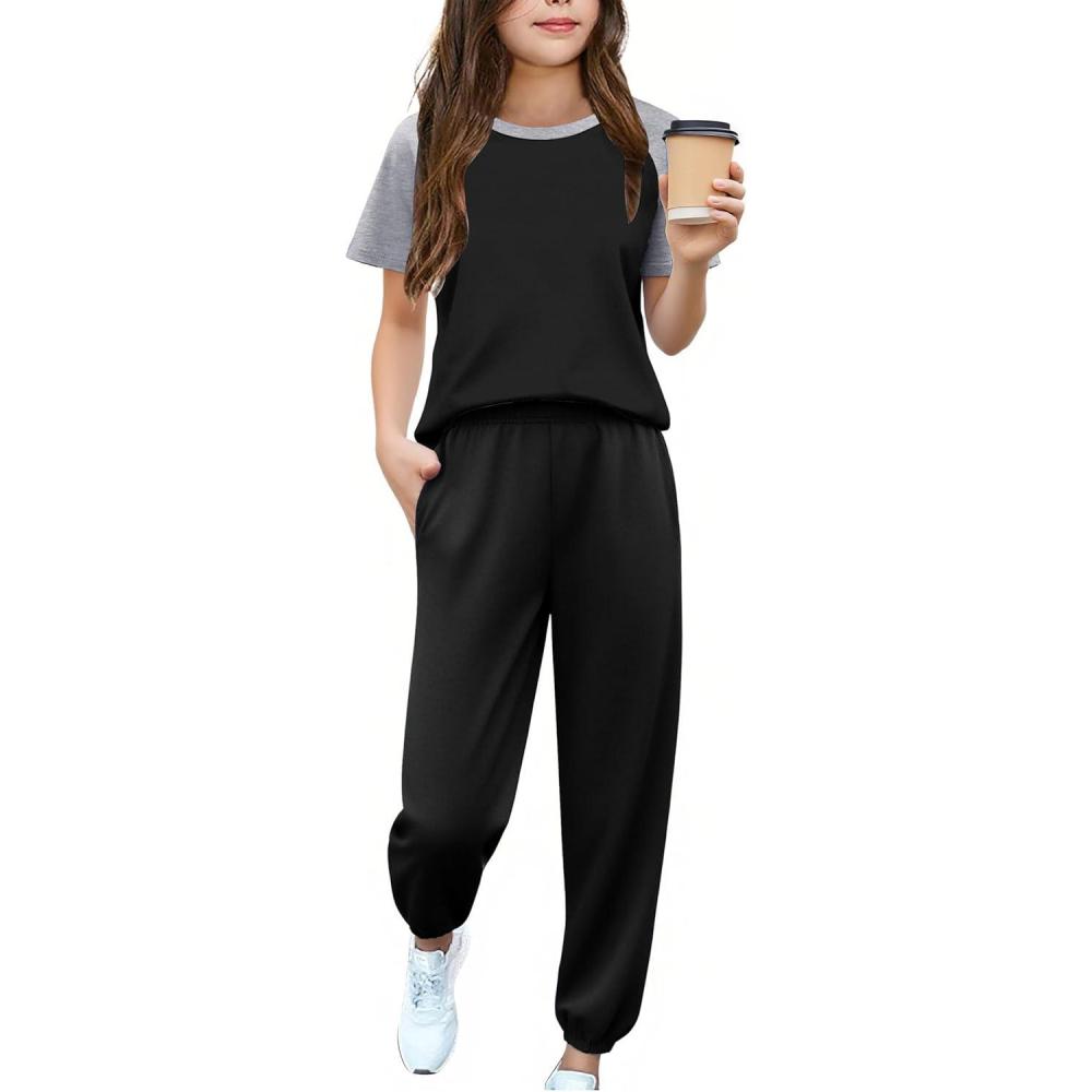 image:imageArshiner Girls 2 Piece Outfits Fashion Clothes Short Sleeve Tops and Jogger Pants Kids Tracksuit Sweatsuits SetBlack
