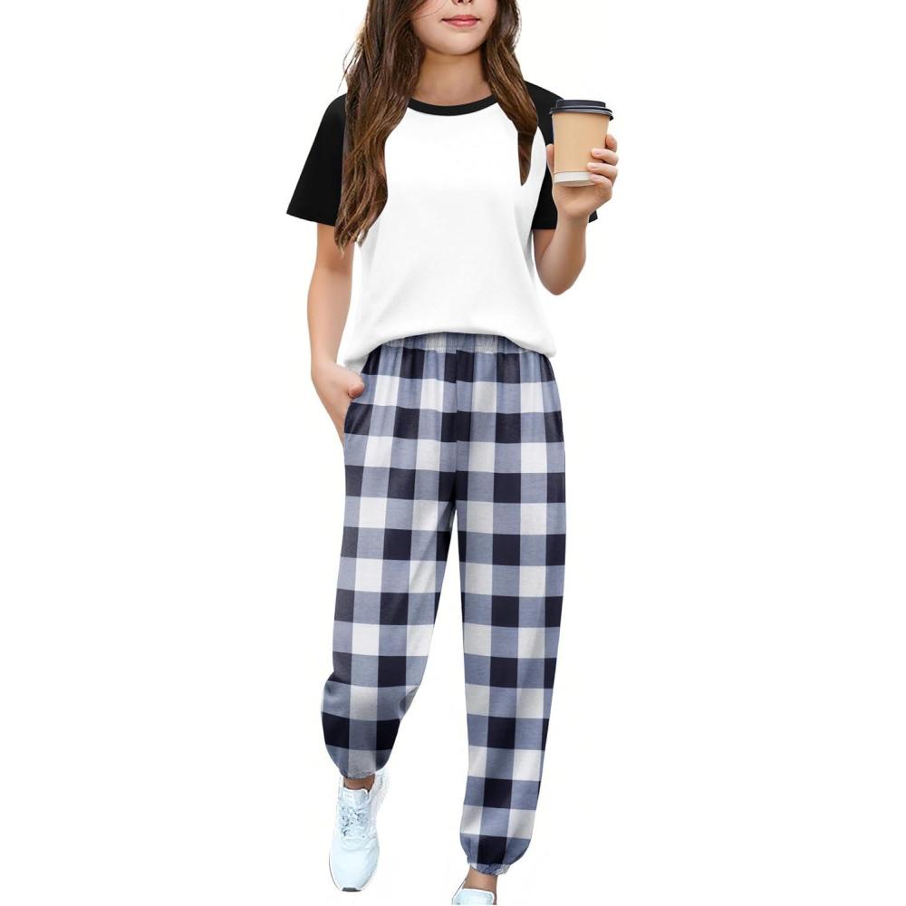image:imageArshiner Girls 2 Piece Outfits Fashion Clothes Short Sleeve Tops and Jogger Pants Kids Tracksuit Sweatsuits SetBlack Plaid