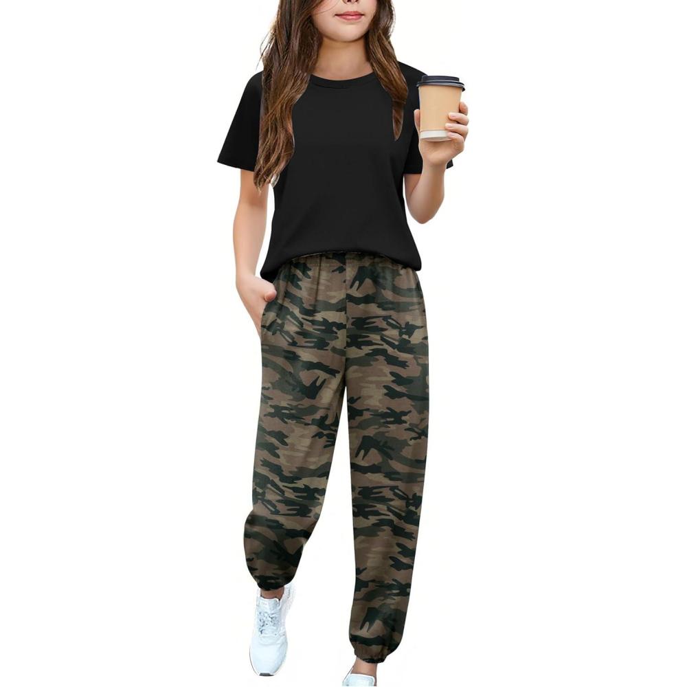 image:imageArshiner Girls 2 Piece Outfits Fashion Clothes Short Sleeve Tops and Jogger Pants Kids Tracksuit Sweatsuits SetCamouflage