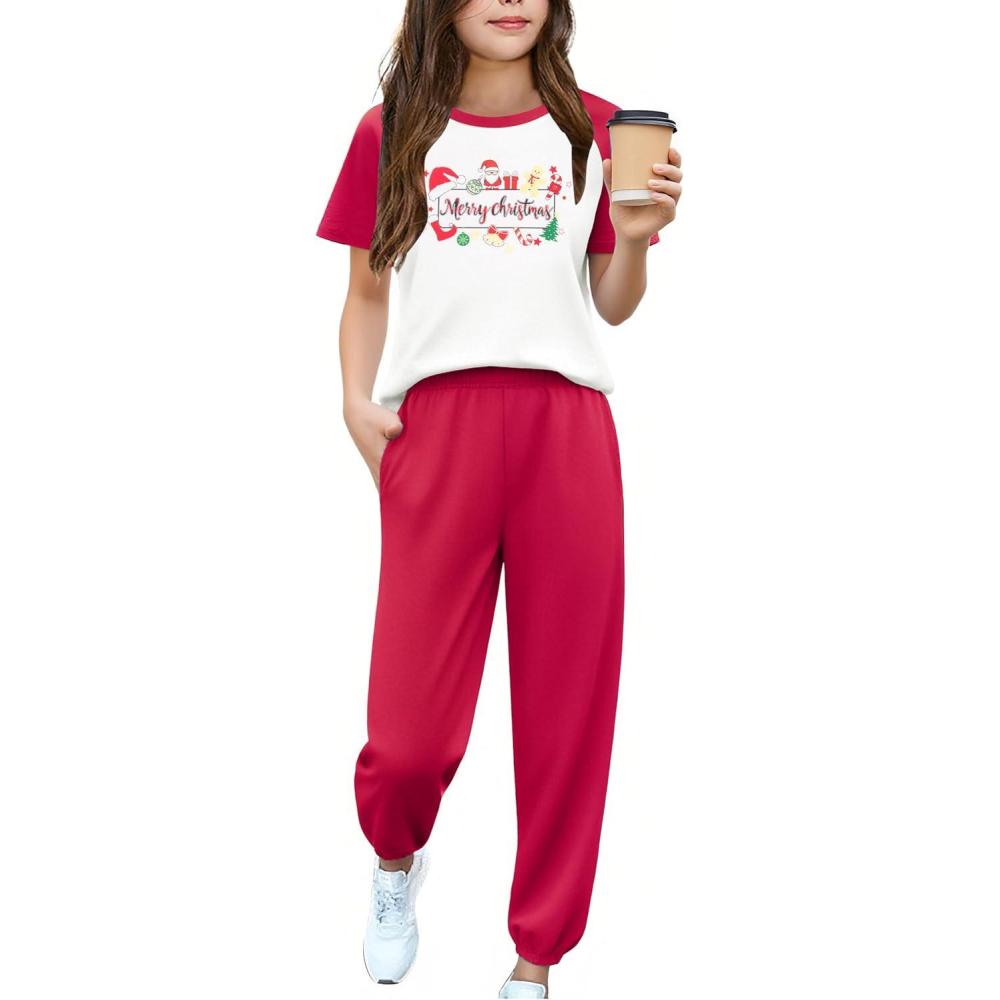 image:imageArshiner Girls 2 Piece Outfits Fashion Clothes Short Sleeve Tops and Jogger Pants Kids Tracksuit Sweatsuits SetChristmas