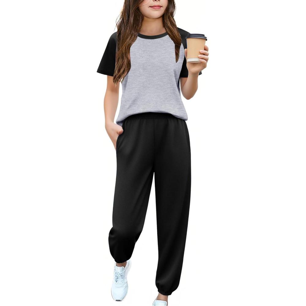 image:imageArshiner Girls 2 Piece Outfits Fashion Clothes Short Sleeve Tops and Jogger Pants Kids Tracksuit Sweatsuits SetGrey