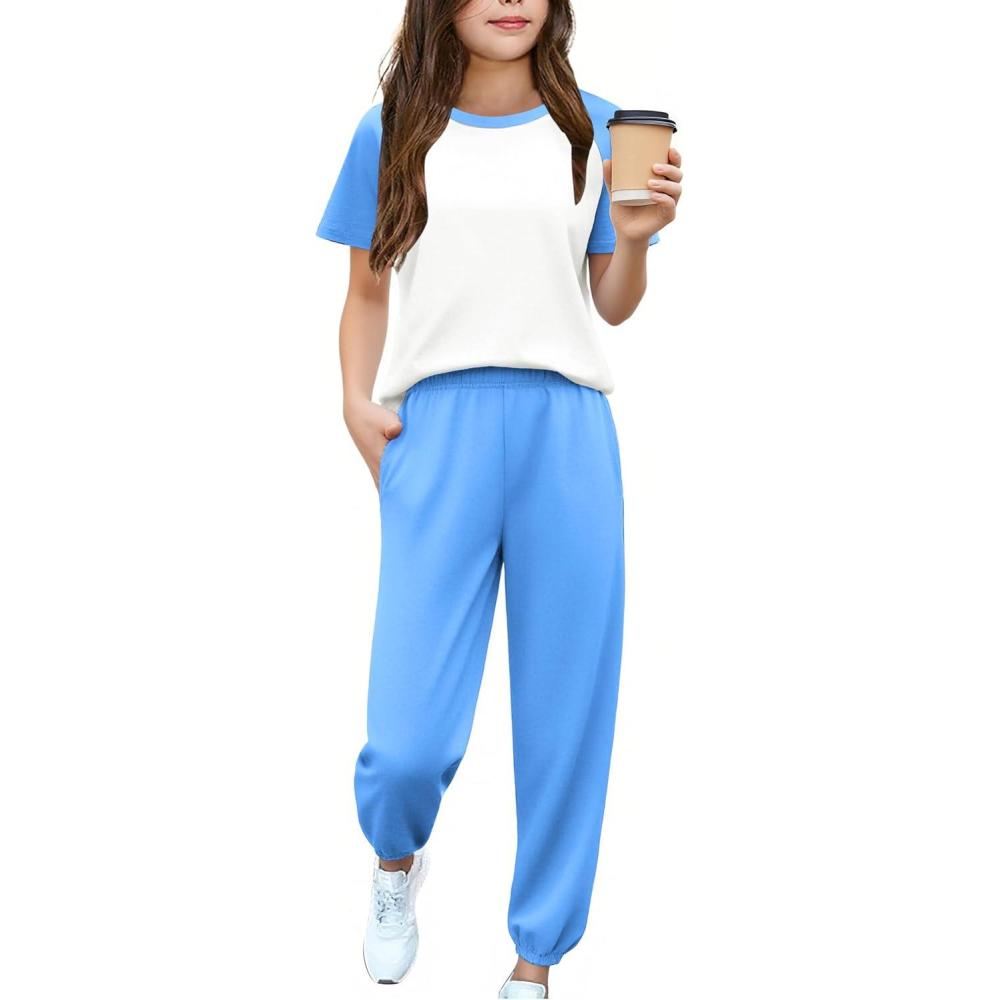 image:imageArshiner Girls 2 Piece Outfits Fashion Clothes Short Sleeve Tops and Jogger Pants Kids Tracksuit Sweatsuits SetLight Blue