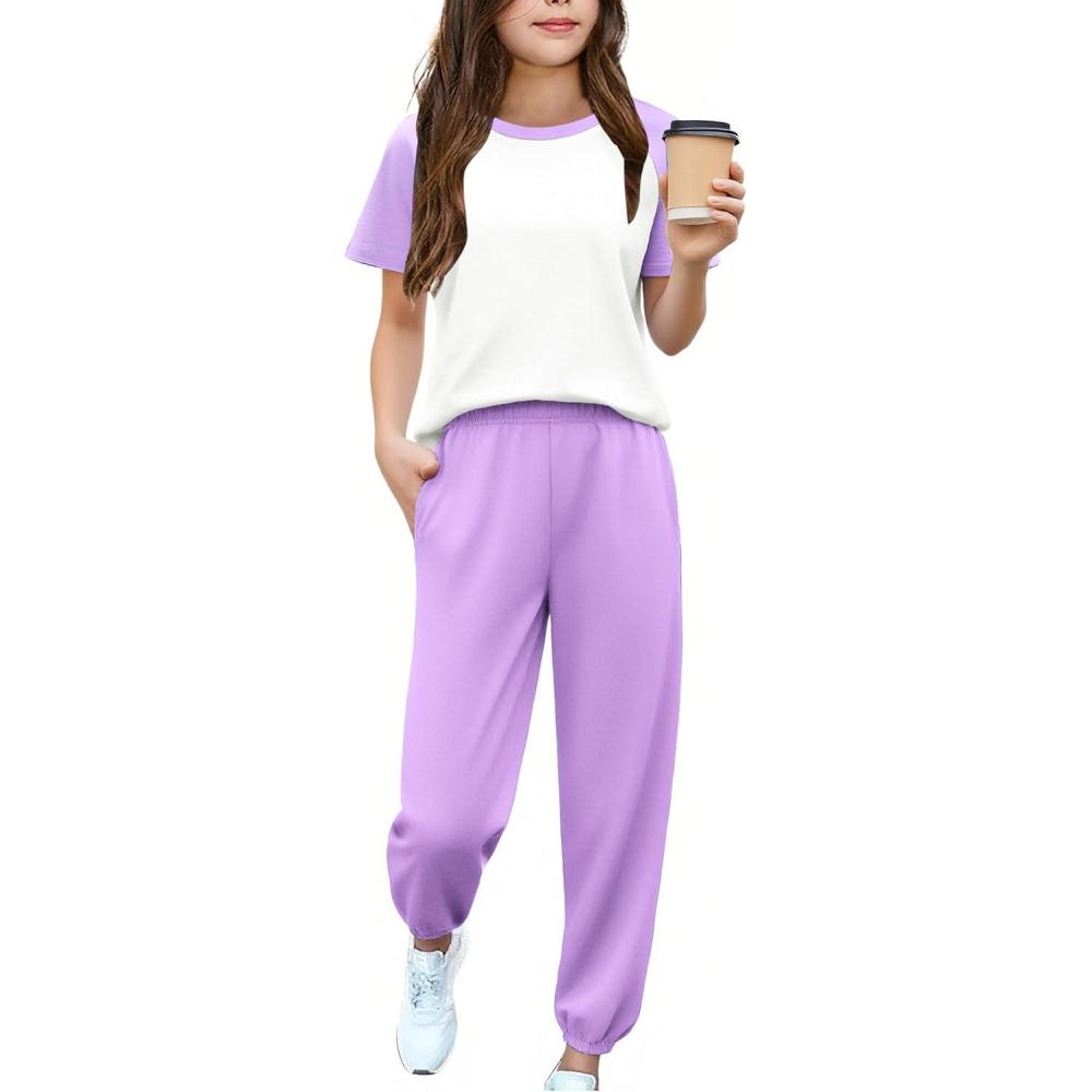 image:imageArshiner Girls 2 Piece Outfits Fashion Clothes Short Sleeve Tops and Jogger Pants Kids Tracksuit Sweatsuits SetLight Purple