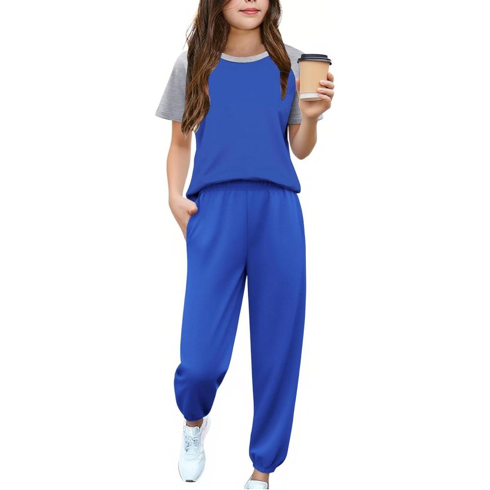 image:imageArshiner Girls 2 Piece Outfits Fashion Clothes Short Sleeve Tops and Jogger Pants Kids Tracksuit Sweatsuits SetNavy Blue