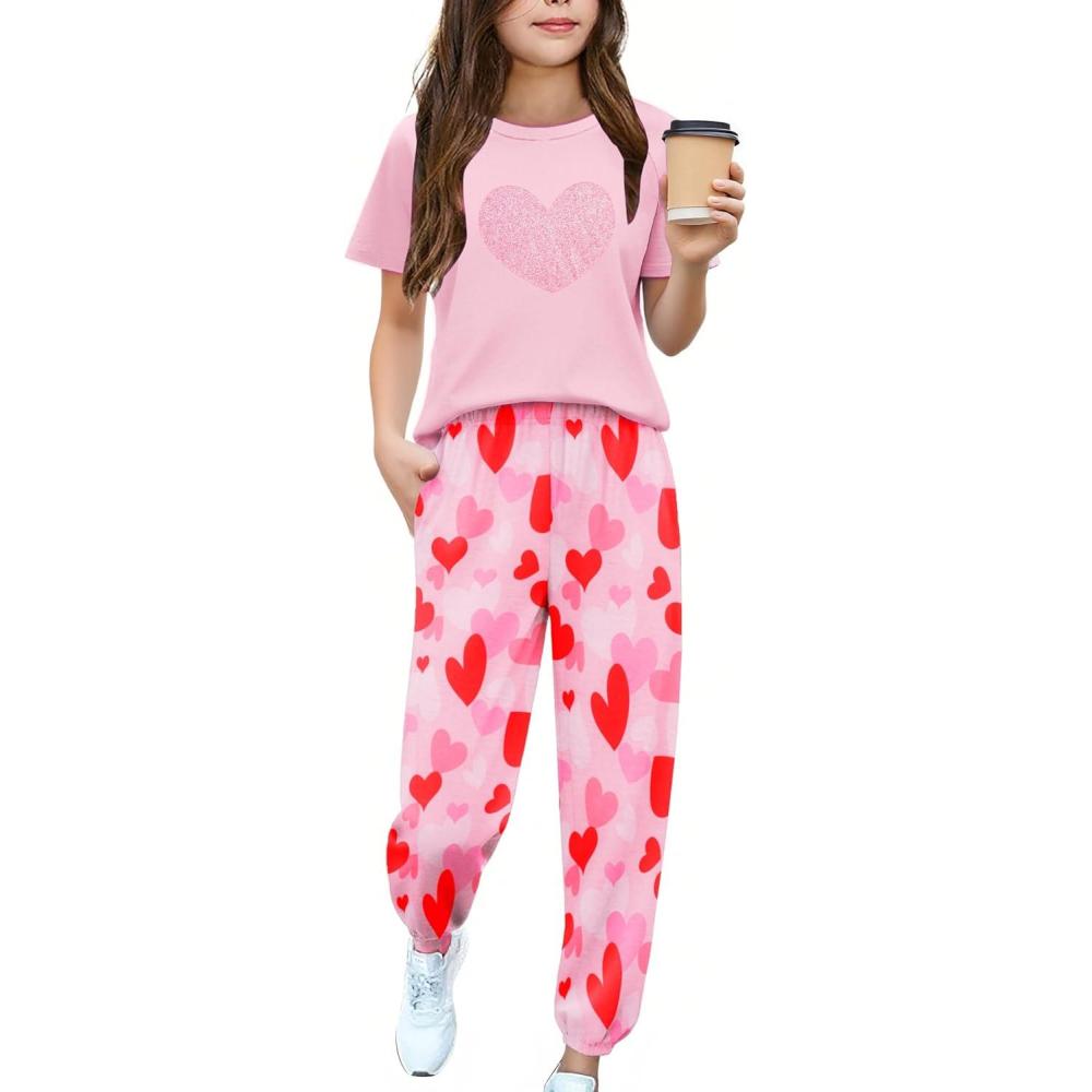 image:imageArshiner Girls 2 Piece Outfits Fashion Clothes Short Sleeve Tops and Jogger Pants Kids Tracksuit Sweatsuits SetValentine