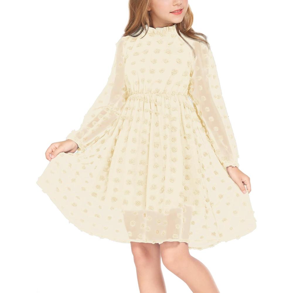 image:imageArshiner Girls Dress Long Sleeve Swiss Dot Ruffle Collar Flowy ALine Party Dress for Kids 513YBeige