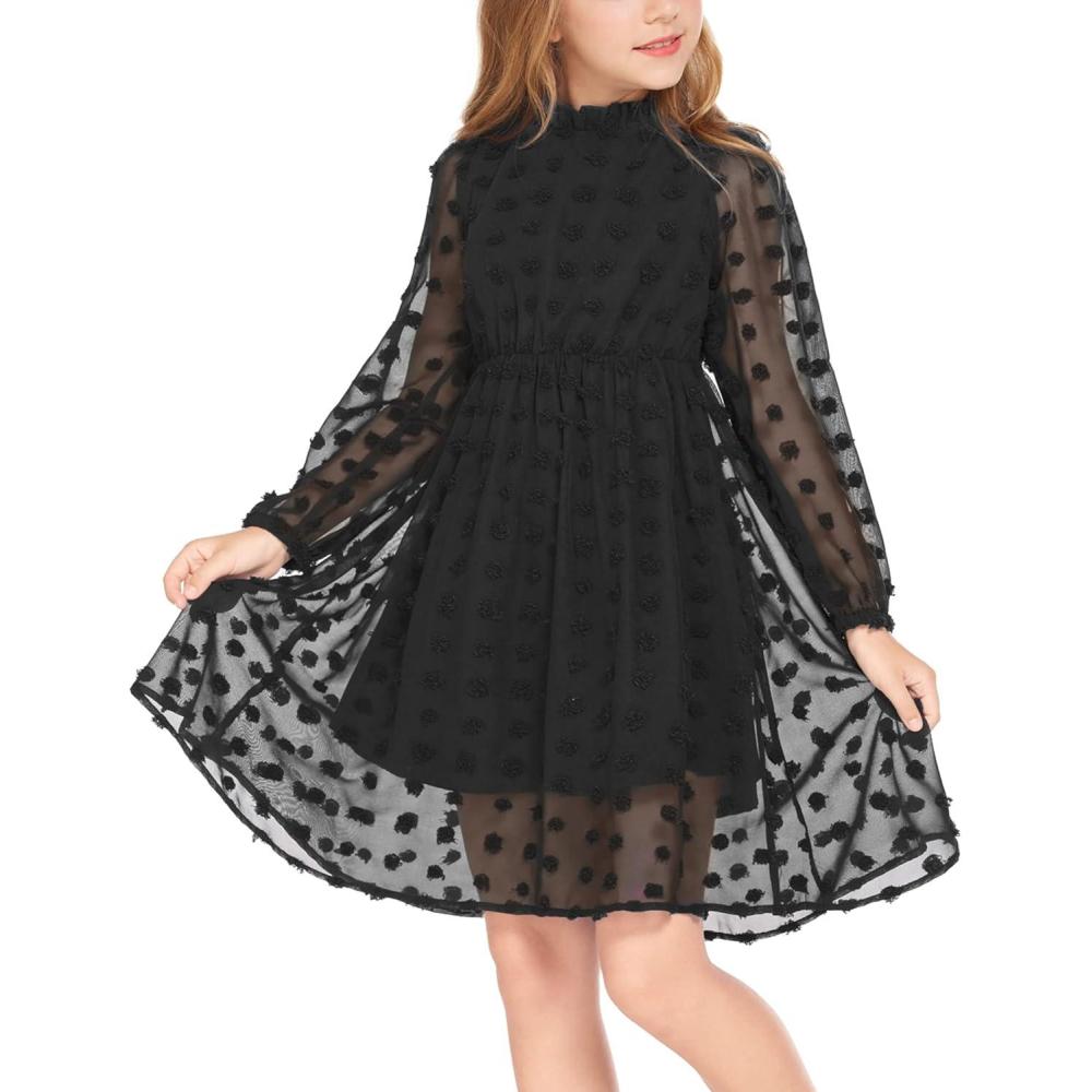image:imageArshiner Girls Dress Long Sleeve Swiss Dot Ruffle Collar Flowy ALine Party Dress for Kids 513YBlack