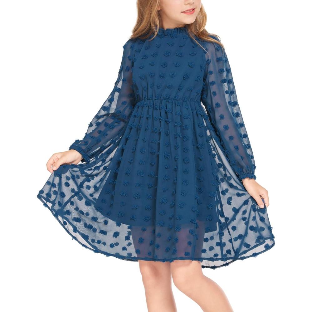 image:imageArshiner Girls Dress Long Sleeve Swiss Dot Ruffle Collar Flowy ALine Party Dress for Kids 513YBlue