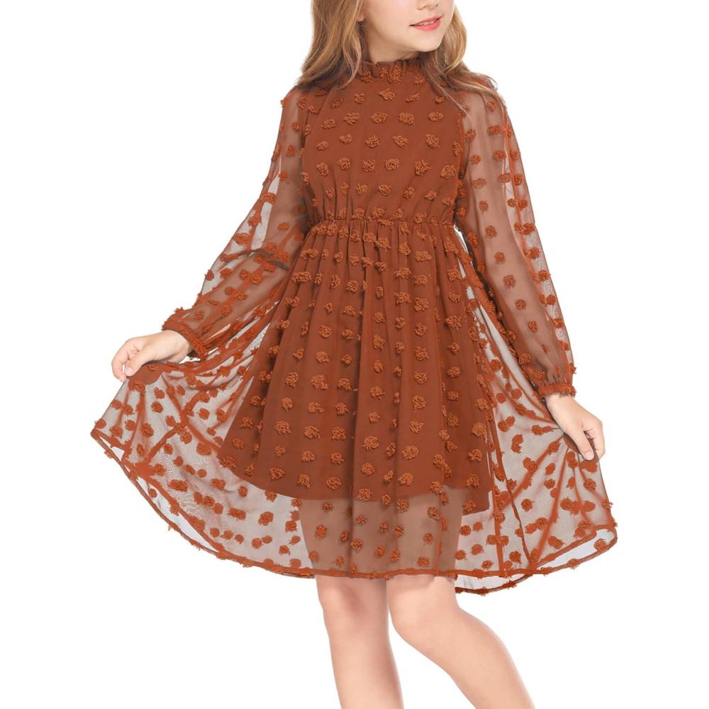 image:imageArshiner Girls Dress Long Sleeve Swiss Dot Ruffle Collar Flowy ALine Party Dress for Kids 513YCaramel