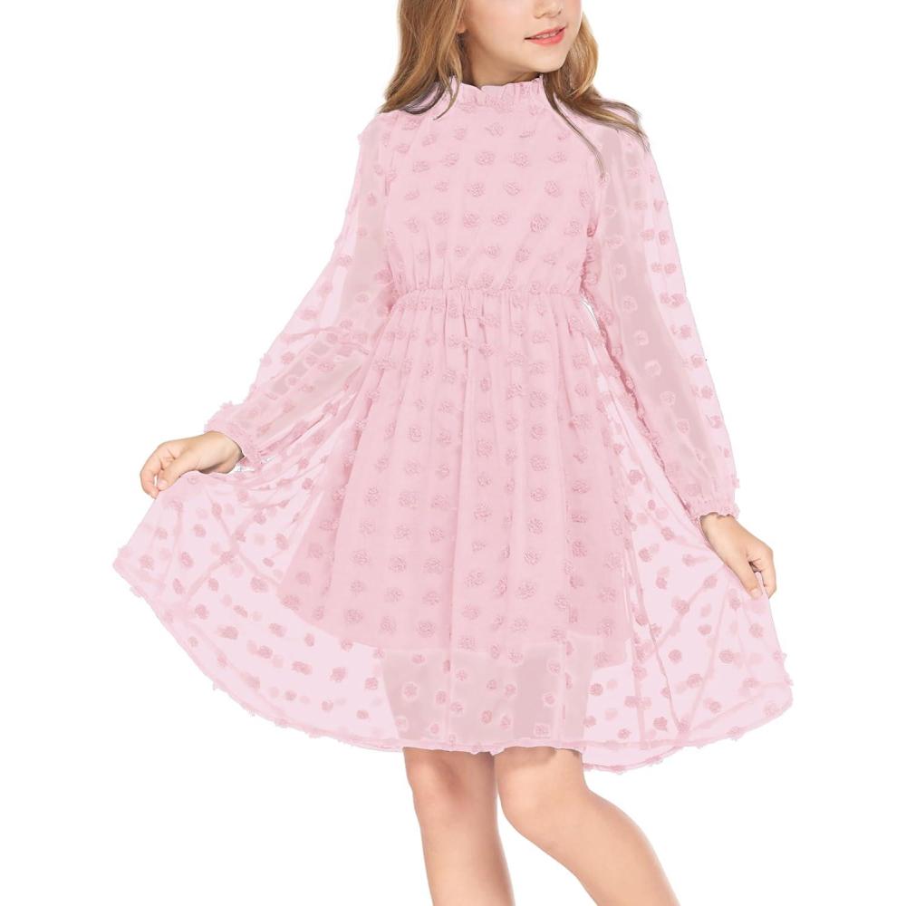 image:imageArshiner Girls Dress Long Sleeve Swiss Dot Ruffle Collar Flowy ALine Party Dress for Kids 513YPink