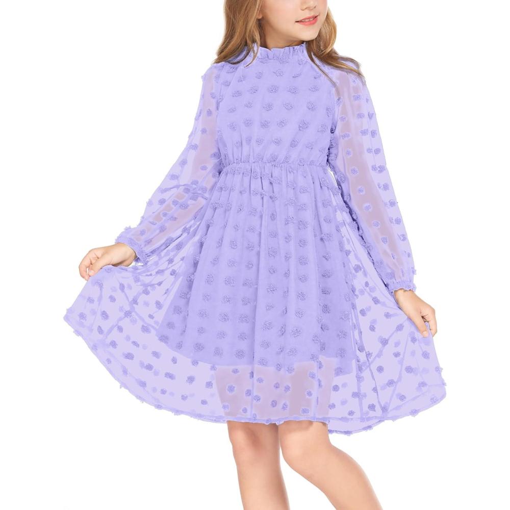 image:imageArshiner Girls Dress Long Sleeve Swiss Dot Ruffle Collar Flowy ALine Party Dress for Kids 513YPurple