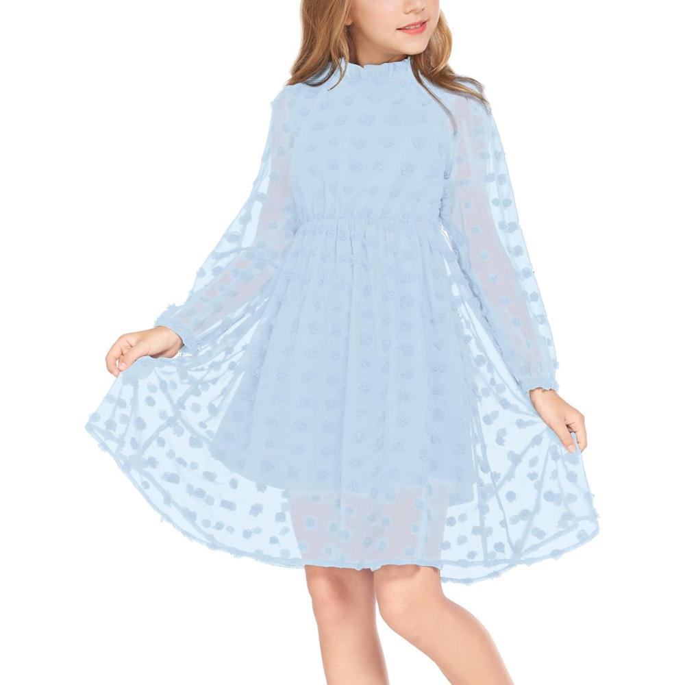 image:imageArshiner Girls Dress Long Sleeve Swiss Dot Ruffle Collar Flowy ALine Party Dress for Kids 513YSky Blue
