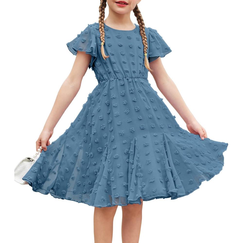 image:imageArshiner Girls Girly Dress Swiss Dot Ruffle Short Sleeve Twirly Cute Dresses for 512 Years OldDark Blue