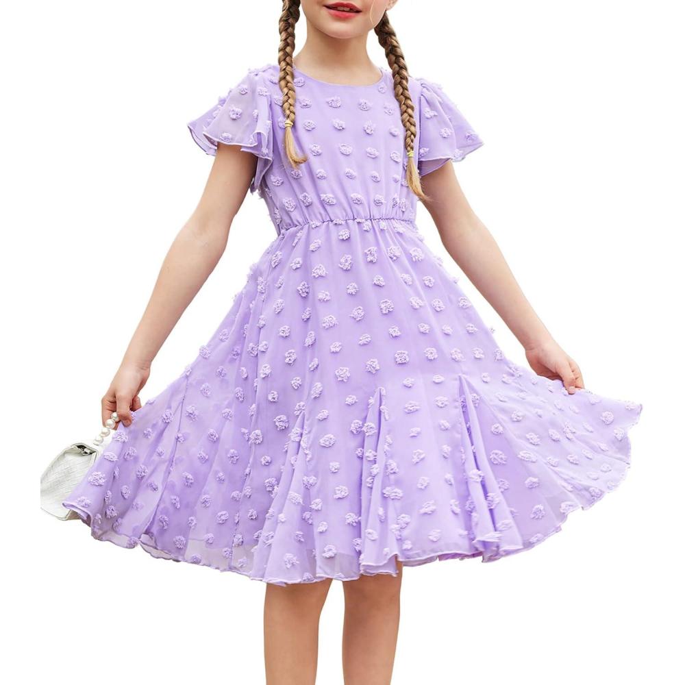 image:imageArshiner Girls Girly Dress Swiss Dot Ruffle Short Sleeve Twirly Cute Dresses for 512 Years OldLavender