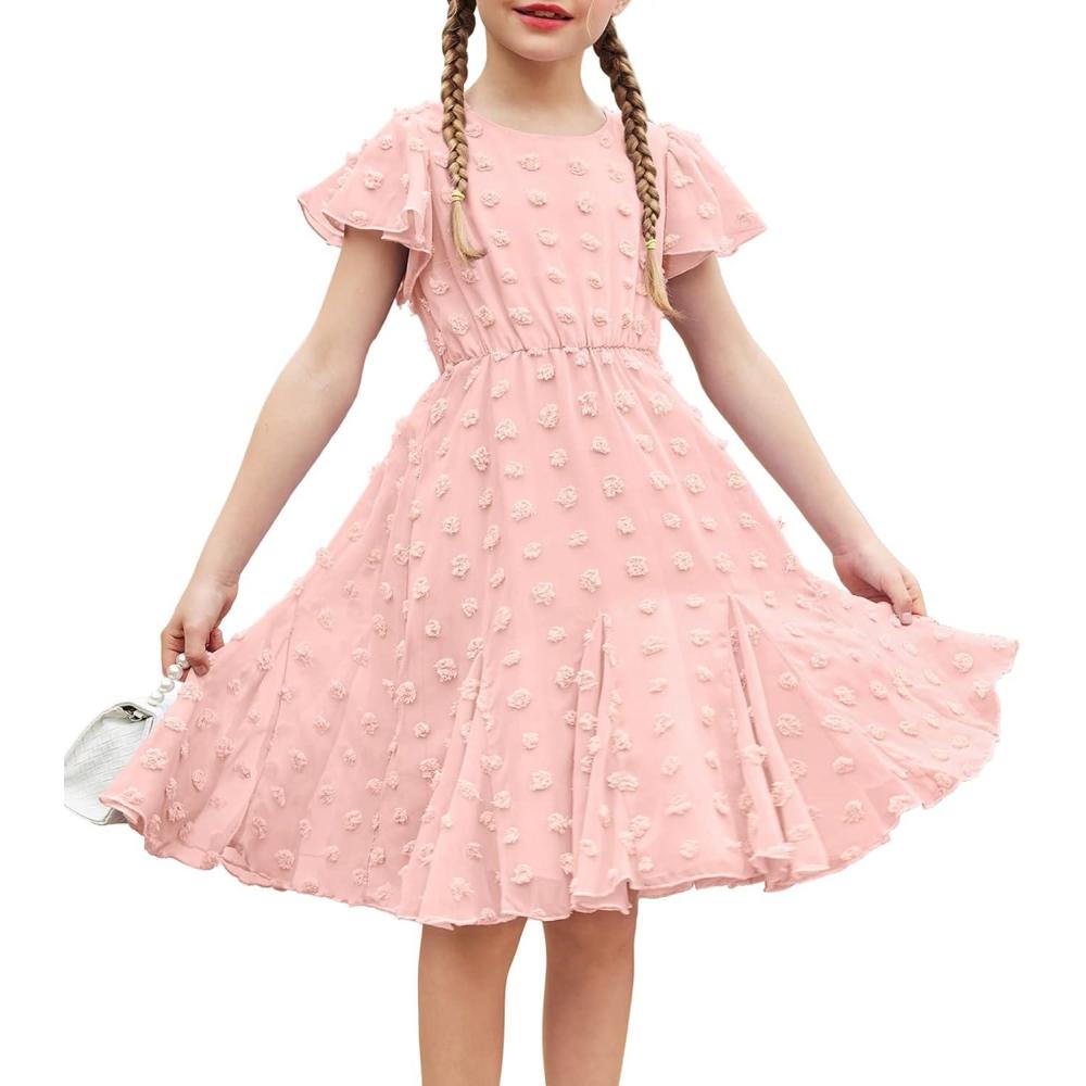 image:imageArshiner Girls Girly Dress Swiss Dot Ruffle Short Sleeve Twirly Cute Dresses for 512 Years OldLight Pink