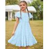 Arshiner Girls Girly Dress Swiss Dot Ruffle Short Sleeve Twirly Cute Dresses for 5-12 Years Old(Light Blue)