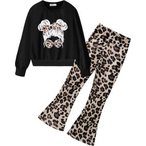 Arshiner Girls 2 Piece Clothes Long Sleeve Sweatshirt & Flared Pants Fall Clothing Set Size 5-12 Years(Black Leopard)