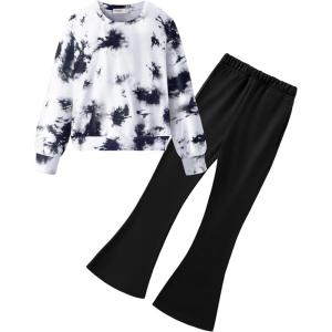 Arshiner Girls 2 Piece Clothes Long Sleeve Sweatshirt & Flared Pants Fall Clothing Set Size 5-12 Years(Black Tie Dye)