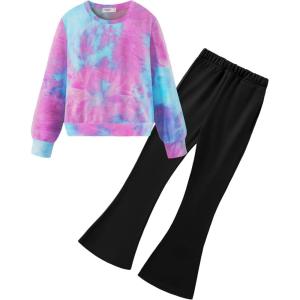 Arshiner Girls 2 Piece Clothes Long Sleeve Sweatshirt & Flared Pants Fall Clothing Set Size 5-12 Years(Blue&pink Tie Dye)