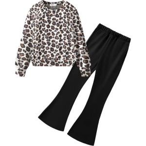 Arshiner Girls 2 Piece Clothes Long Sleeve Sweatshirt & Flared Pants Fall Clothing Set Size 5-12 Years(Brown Leopard)
