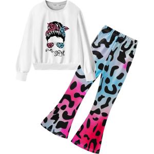 Arshiner Girls 2 Piece Clothes Long Sleeve Sweatshirt & Flared Pants Fall Clothing Set Size 5-12 Years(Colorful Leopard)