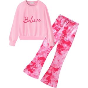 Arshiner Girls 2 Piece Clothes Long Sleeve Sweatshirt & Flared Pants Fall Clothing Set Size 5-12 Years(Pink Tie Dye)