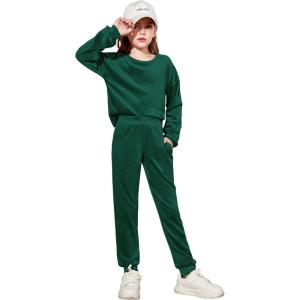 Arshiner Girls 2 Piece Outfit Sweatsuits Set Kids Velour Sweatshirts & Sweatpants Tracksuits Set for Girls(Dark Green)
