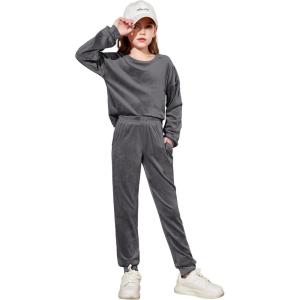 Arshiner Girls 2 Piece Outfit Sweatsuits Set Kids Velour Sweatshirts & Sweatpants Tracksuits Set for Girls(Dark Grey)