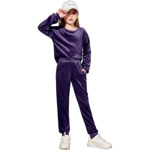Arshiner Girls 2 Piece Outfit Sweatsuits Set Kids Velour Sweatshirts & Sweatpants Tracksuits Set for Girls(Dark Purple)