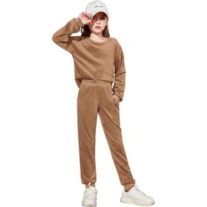 Arshiner Girls 2 Piece Outfit Sweatsuits Set Kids Velour Sweatshirts & Sweatpants Tracksuits Set for Girls(Khaki)