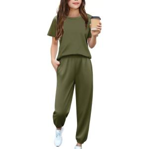 Arshiner Girls 2 Piece Outfits Fashion Clothes Short Sleeve Tops and Jogger Pants Kids Tracksuit Sweatsuits Set(Army Green)