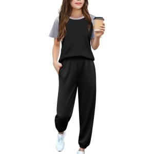Arshiner Girls 2 Piece Outfits Fashion Clothes Short Sleeve Tops and Jogger Pants Kids Tracksuit Sweatsuits Set(Black)