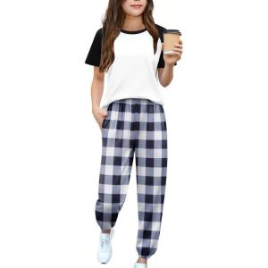 Arshiner Girls 2 Piece Outfits Fashion Clothes Short Sleeve Tops and Jogger Pants Kids Tracksuit Sweatsuits Set(Black Plaid)