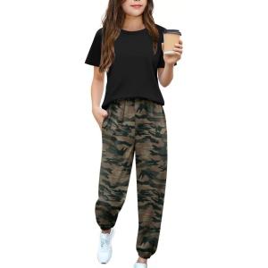 Arshiner Girls 2 Piece Outfits Fashion Clothes Short Sleeve Tops and Jogger Pants Kids Tracksuit Sweatsuits Set(Camouflage)