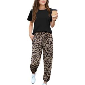 Arshiner Girls 2 Piece Outfits Fashion Clothes Short Sleeve Tops and Jogger Pants Kids Tracksuit Sweatsuits Set(Leopard)