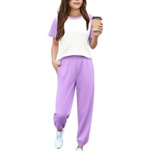Arshiner Girls 2 Piece Outfits Fashion Clothes Short Sleeve Tops and Jogger Pants Kids Tracksuit Sweatsuits Set(Light Purple)