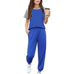 Arshiner Girls 2 Piece Outfits Fashion Clothes Short Sleeve Tops and Jogger Pants Kids Tracksuit Sweatsuits Set(Navy Blue)