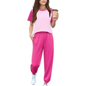 Arshiner Girls 2 Piece Outfits Fashion Clothes Short Sleeve Tops and Jogger Pants Kids Tracksuit Sweatsuits Set(Pink)