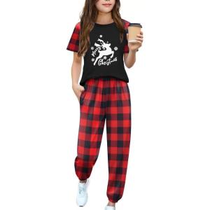 Arshiner Girls 2 Piece Outfits Fashion Clothes Short Sleeve Tops and Jogger Pants Kids Tracksuit Sweatsuits Set(Red Plaid)
