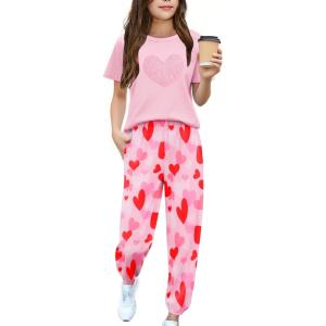 Arshiner Girls 2 Piece Outfits Fashion Clothes Short Sleeve Tops and Jogger Pants Kids Tracksuit Sweatsuits Set(Valentine)