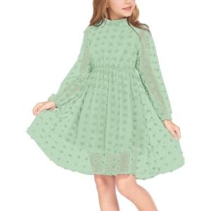 Arshiner Girls Dress Long Sleeve Swiss Dot Ruffle Collar Flowy A-Line Party Dress for Kids 5-13Y(Light Green)